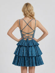 V-Neck Beaded Tiered Ruffle A-Line Mini Homecoming Dresses with Lace-Up Back