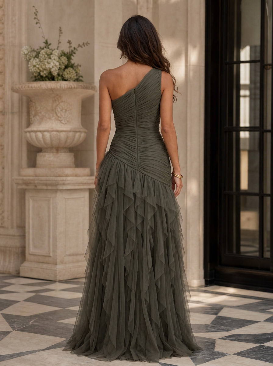 Emerald Green One-Shoulder Ruched Asymmetric Ruffle Chiffon Floor-Length Gown Dress