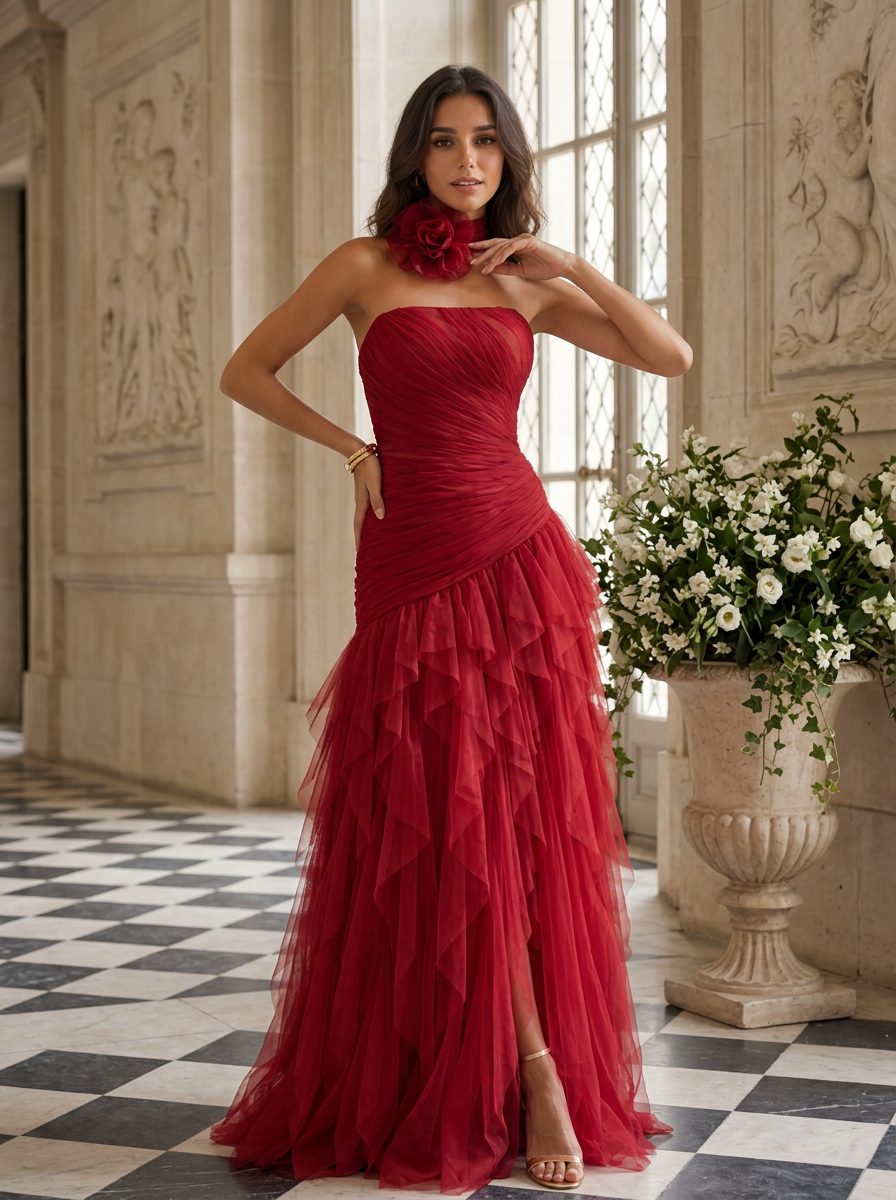 Ruby Red Strapless Ruched Choker-Accented Floor-Length Gown Dress
