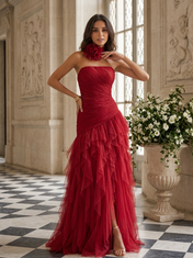 Ruby Red Strapless Ruched Choker-Accented Floor-Length Gown Dress