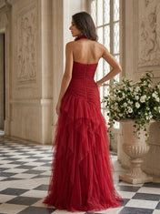 Ruby Red Strapless Ruched Choker-Accented Floor-Length Gown Dress