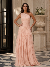 Emerald Green One-Shoulder Ruched Asymmetric Ruffle Chiffon Floor-Length Gown Dress