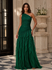 Emerald Green One-Shoulder Ruched Asymmetric Ruffle Chiffon Floor-Length Gown Dress