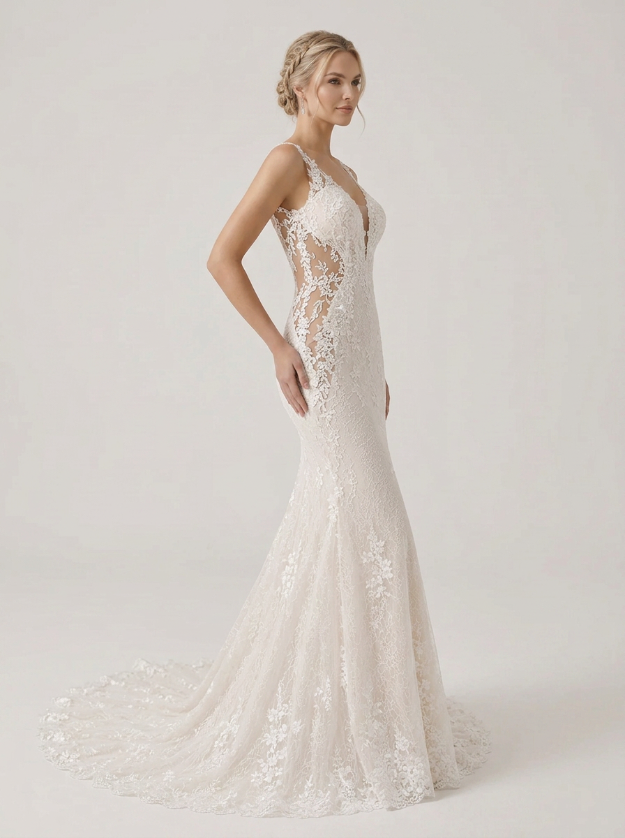 Ivory Lace Illusion V-Neck Trumpet Wedding Dress with Cut-Out Side Panels and Chapel Train