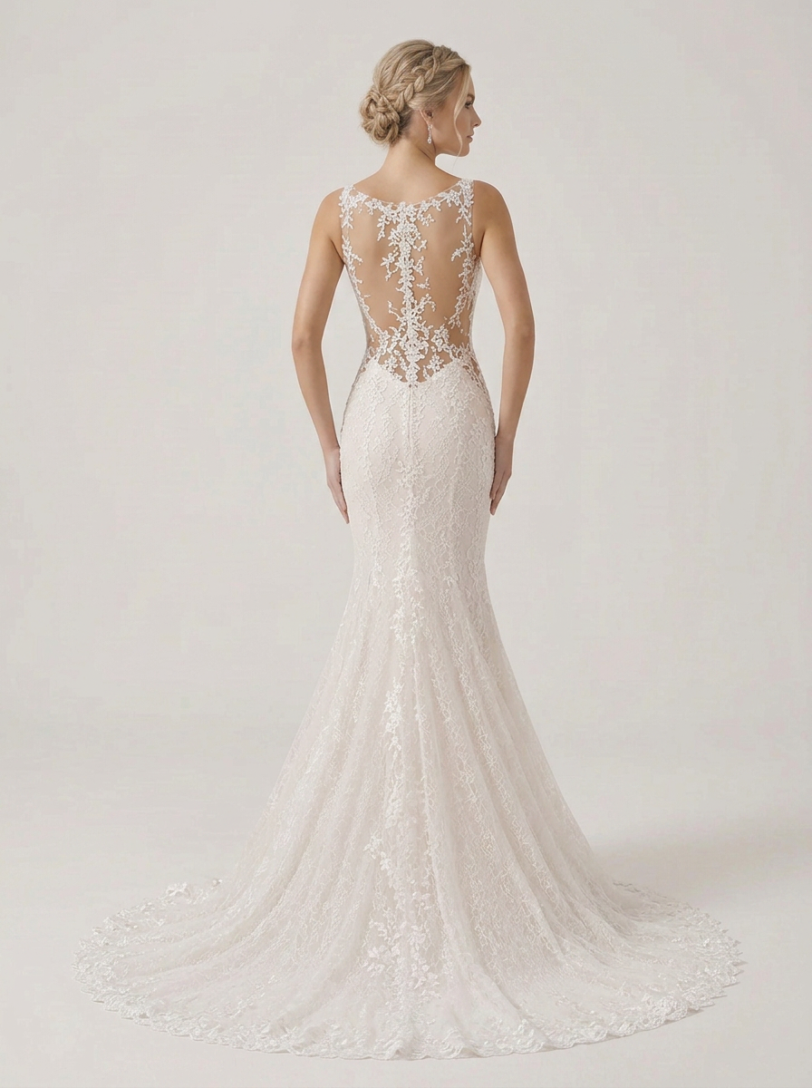 Ivory Lace Illusion V-Neck Trumpet Wedding Dress with Cut-Out Side Panels and Chapel Train