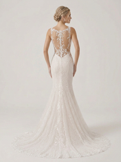 Ivory Lace Illusion V-Neck Trumpet Wedding Dress with Cut-Out Side Panels and Chapel Train