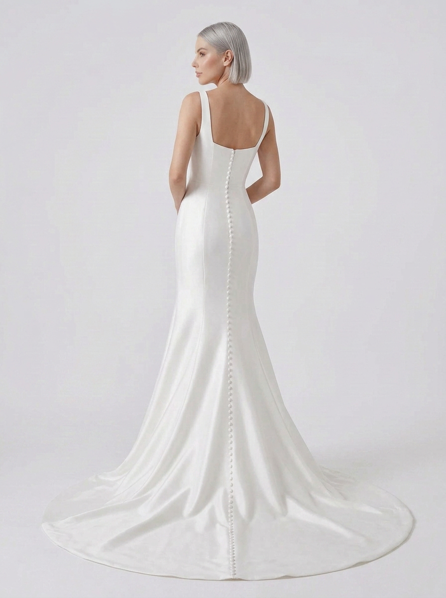 Elegant Square-Neck White Satin Trumpet Wedding Dress with Covered Buttons and Chapel Train