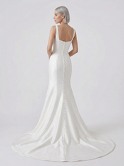 Elegant Square-Neck White Satin Trumpet Wedding Dress with Covered Buttons and Chapel Train