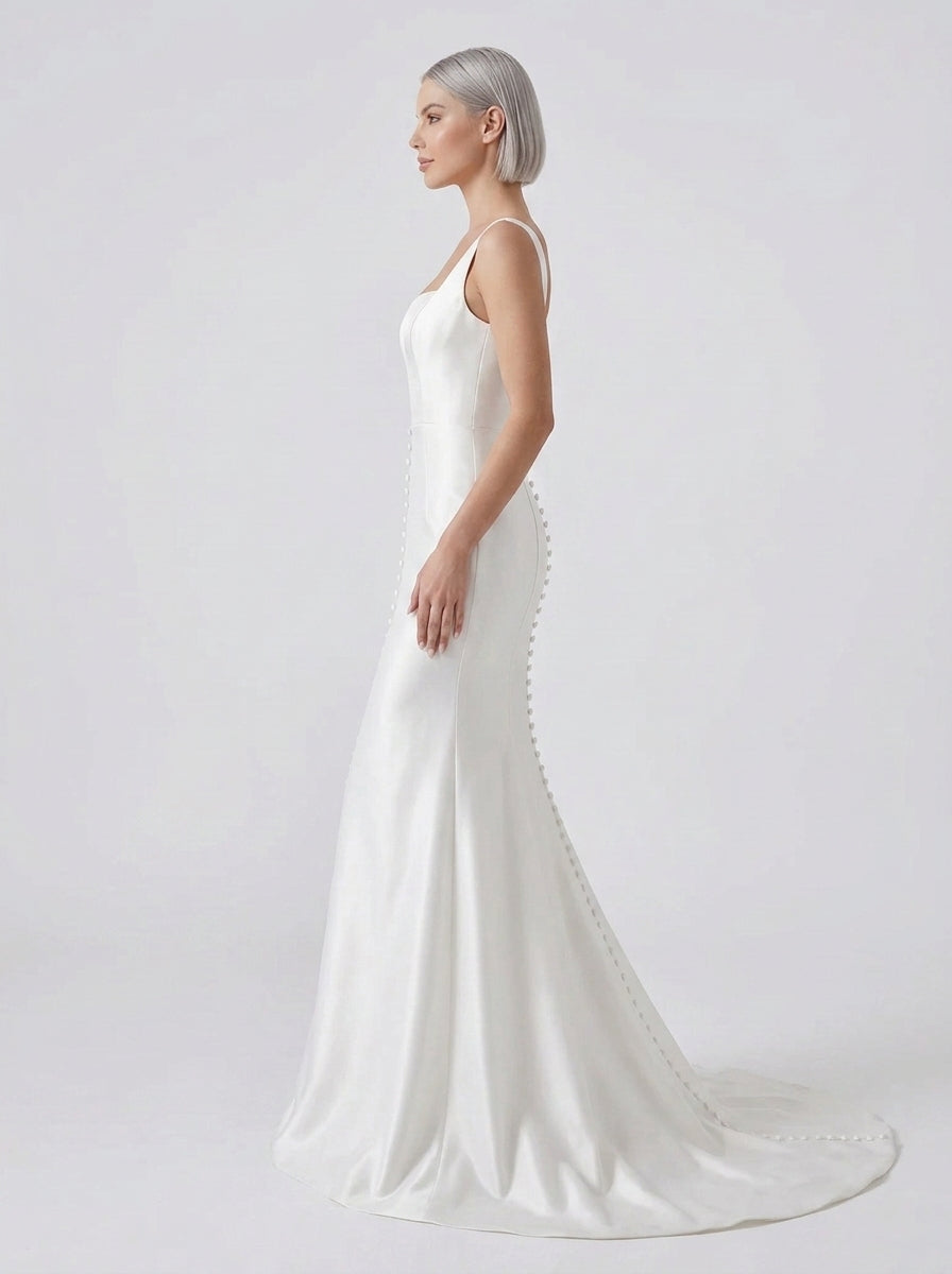 Elegant Square-Neck White Satin Trumpet Wedding Dress with Covered Buttons and Chapel Train