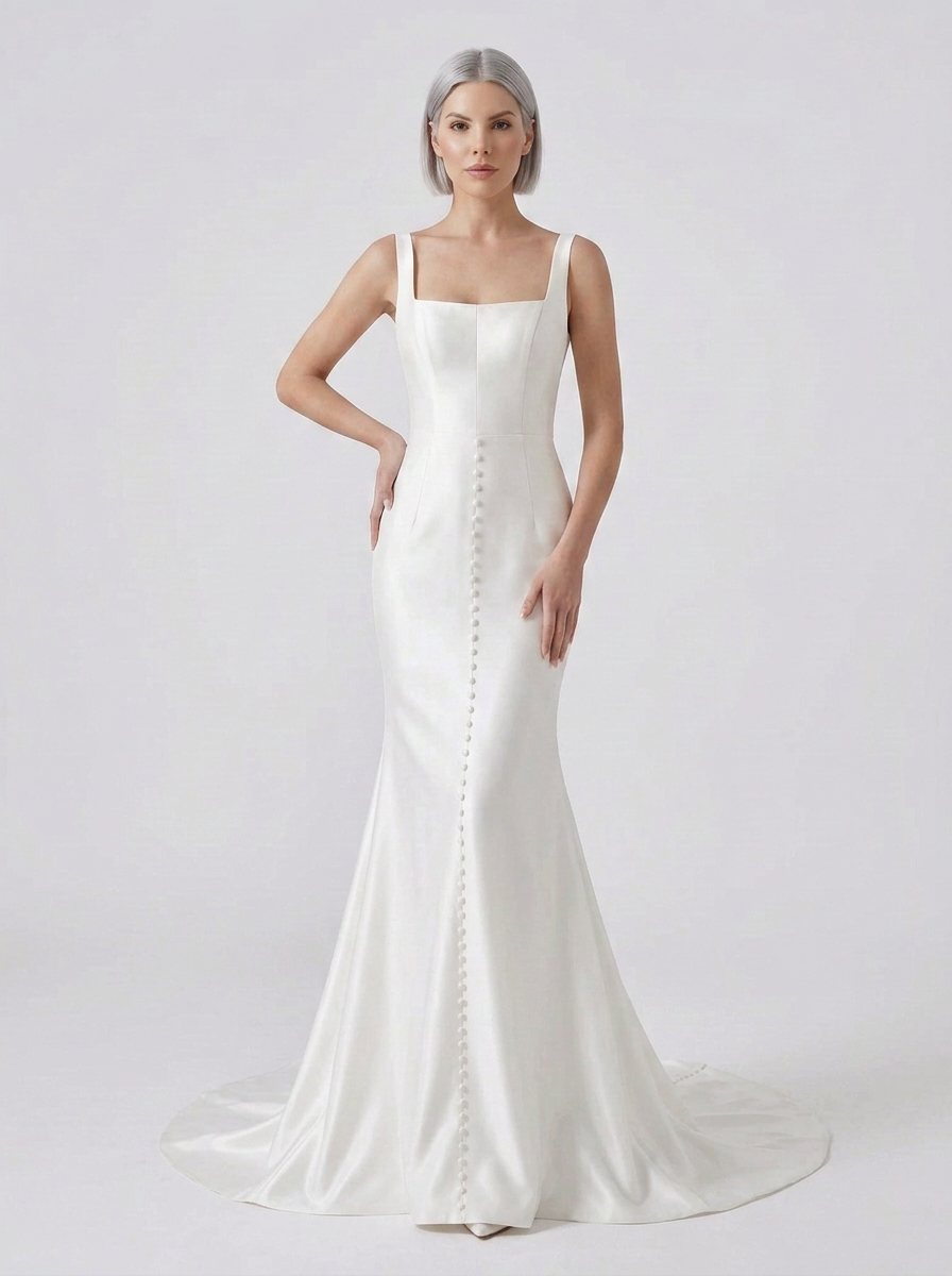 Elegant Square-Neck White Satin Trumpet Wedding Dress with Covered Buttons and Chapel Train