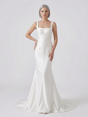 Elegant Square-Neck White Satin Trumpet Wedding Dress with Covered Buttons and Chapel Train