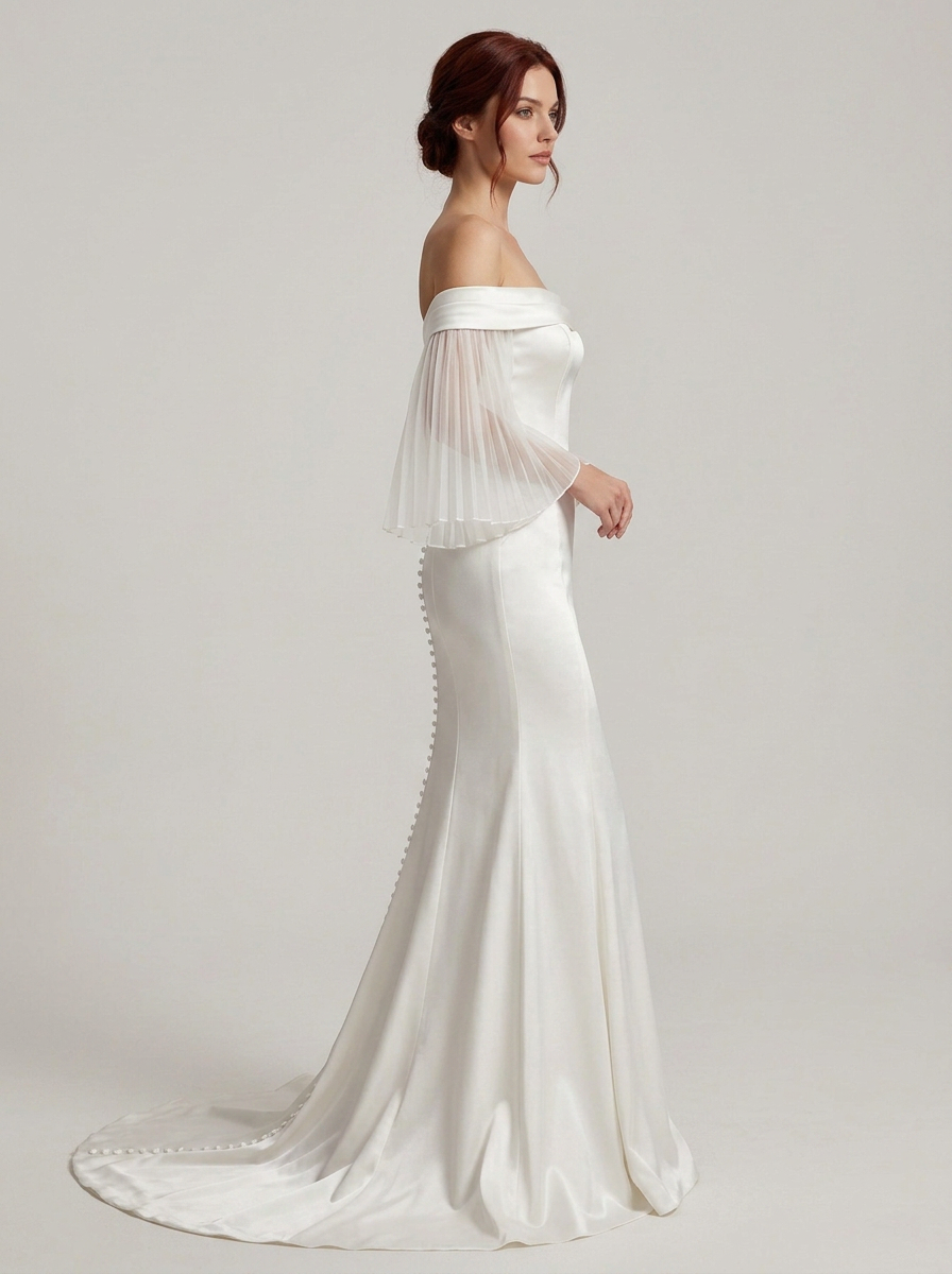 Elegant Off-the-Shoulder White Satin Trumpet Wedding Dress with Pleated Sleeves and Chapel Train