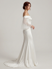 Elegant Off-the-Shoulder White Satin Trumpet Wedding Dress with Pleated Sleeves and Chapel Train