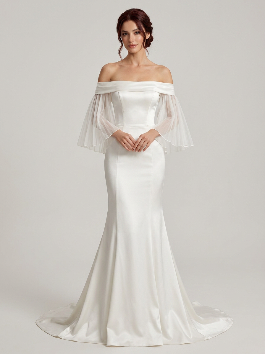 Elegant Off-the-Shoulder White Satin Trumpet Wedding Dress with Pleated Sleeves and Chapel Train