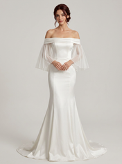 Elegant Off-the-Shoulder White Satin Trumpet Wedding Dress with Pleated Sleeves and Chapel Train