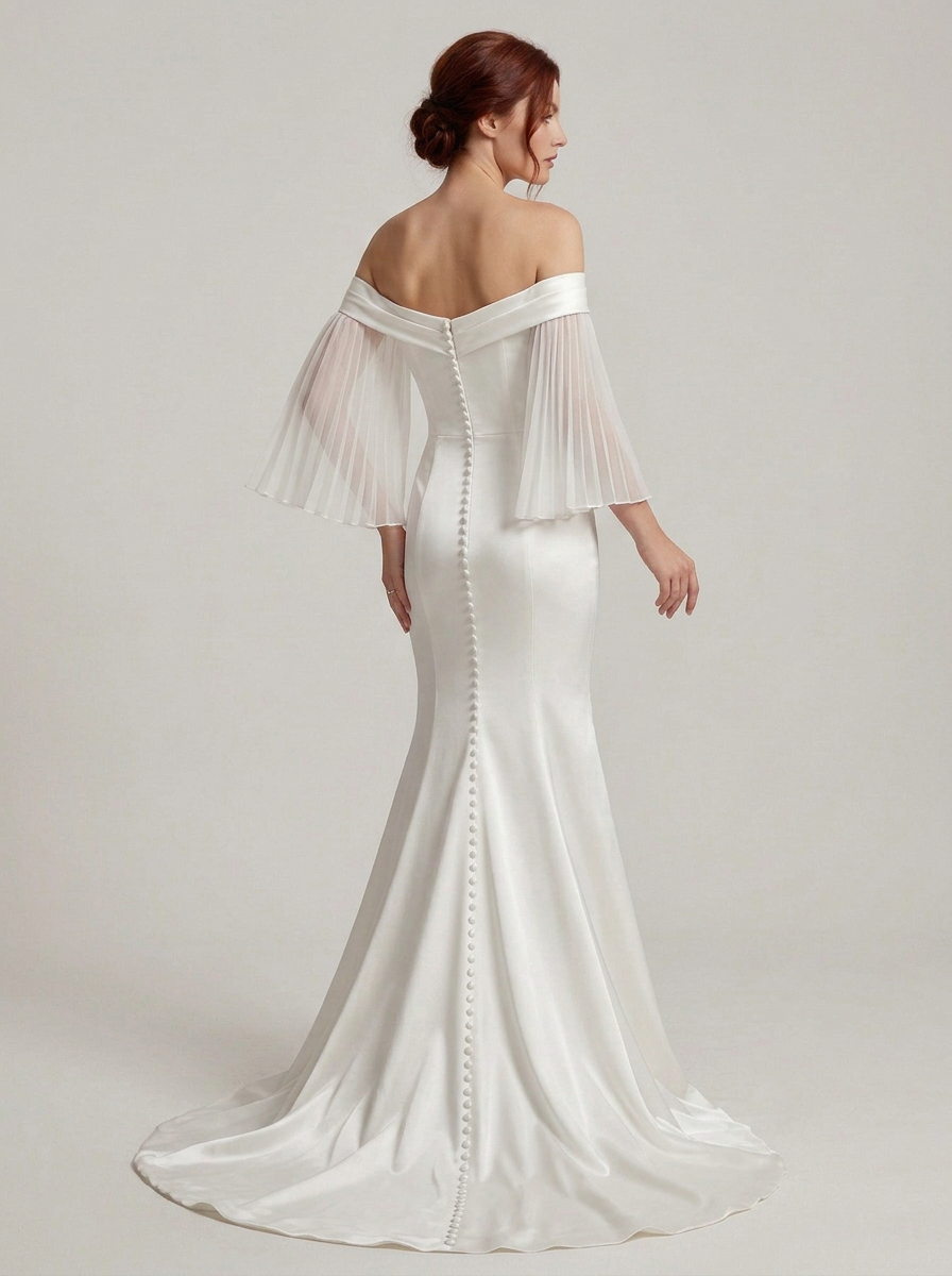 Elegant Off-the-Shoulder White Satin Trumpet Wedding Dress with Pleated Sleeves and Chapel Train