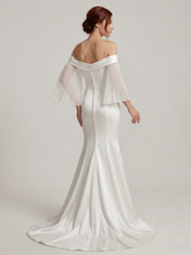 Elegant Off-the-Shoulder White Satin Trumpet Wedding Dress with Pleated Sleeves and Chapel Train