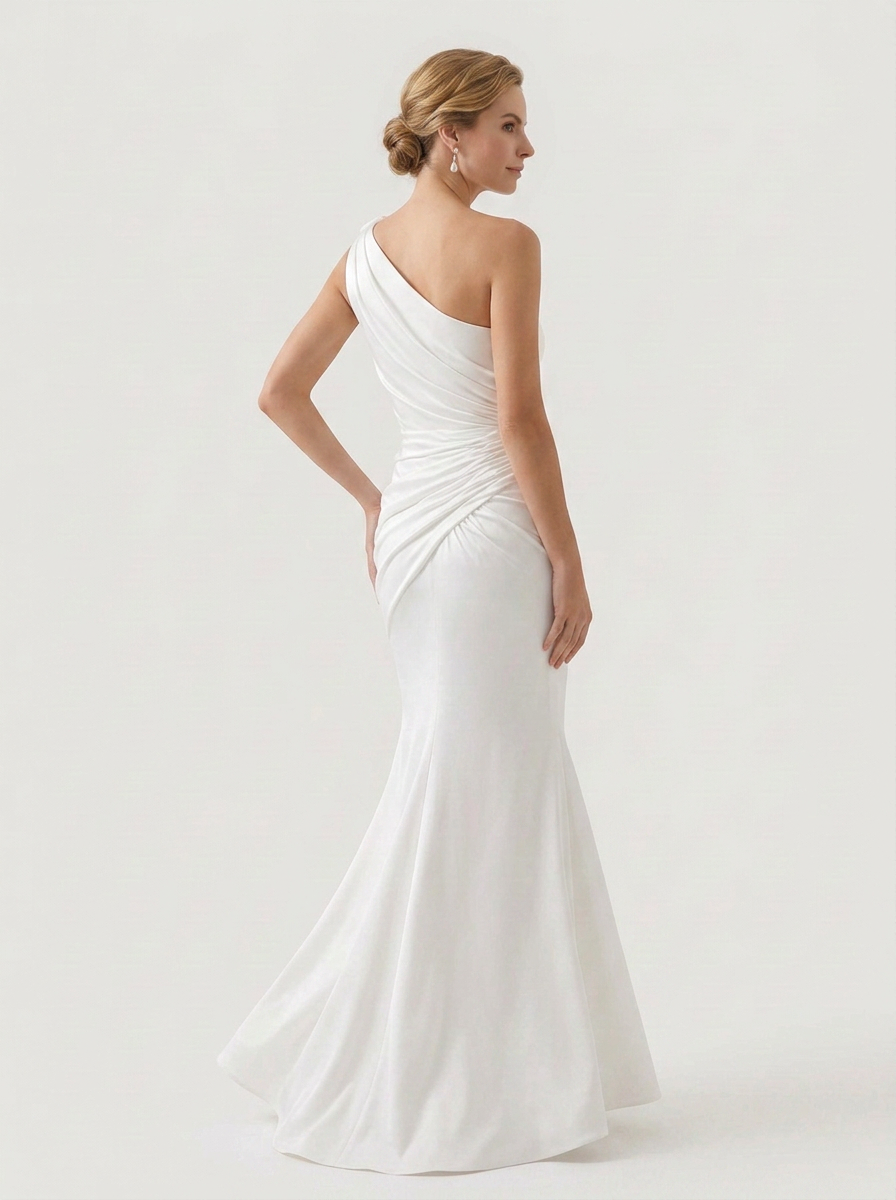 Elegant One-Shoulder White Satin Ruched Trumpet Wedding Dress with Sweep Train
