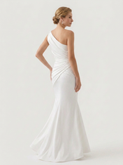 Elegant One-Shoulder White Satin Ruched Trumpet Wedding Dress with Sweep Train