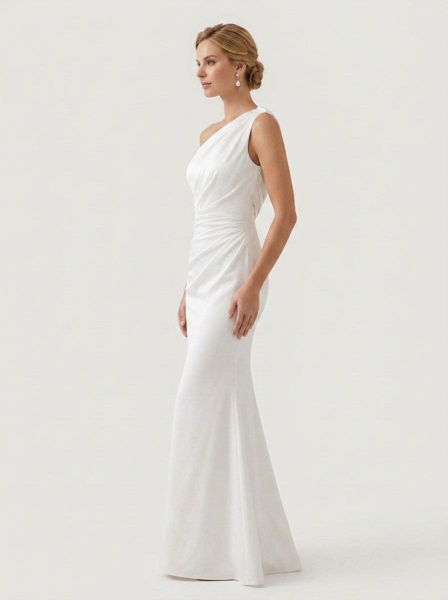 Elegant One-Shoulder White Satin Ruched Trumpet Wedding Dress with Sweep Train