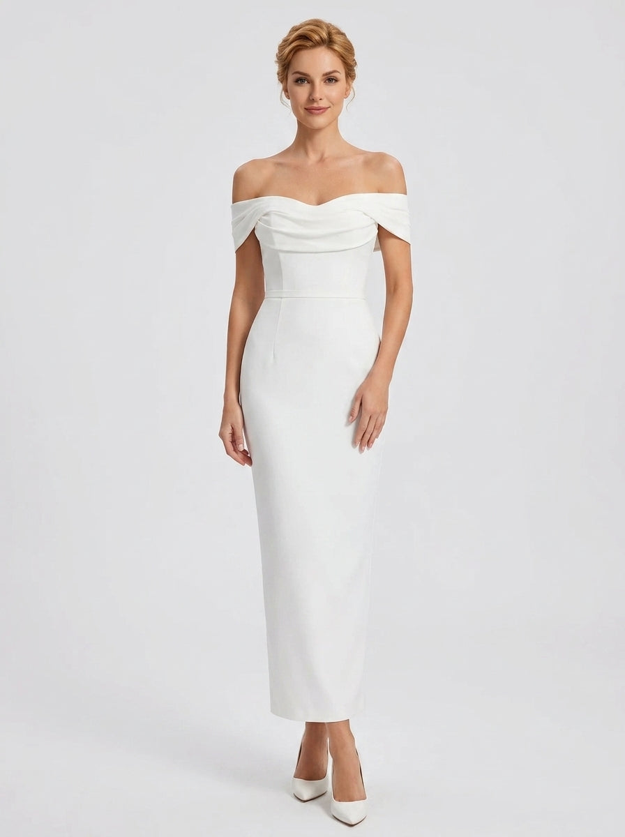 Elegant Off-the-Shoulder White Crepe Sheath Floor-Length Wedding Dress