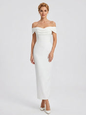 Elegant Off-the-Shoulder White Crepe Sheath Floor-Length Wedding Dress