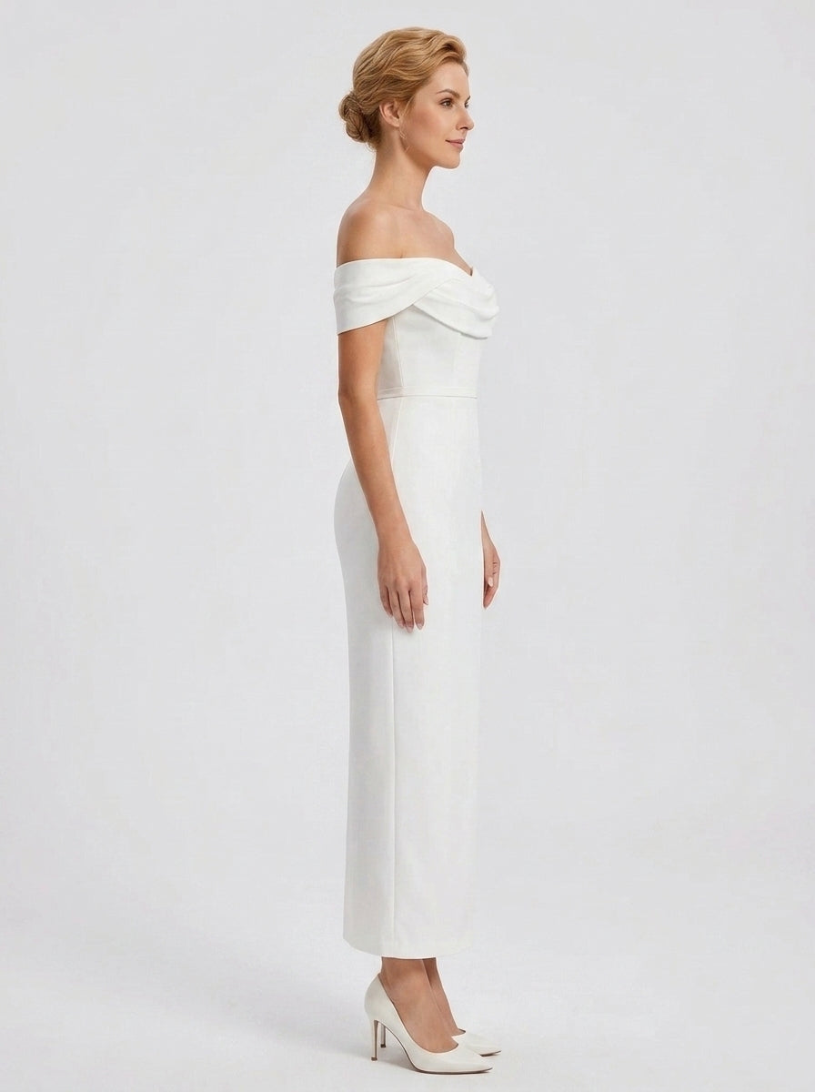 Elegant Off-the-Shoulder White Crepe Sheath Floor-Length Wedding Dress