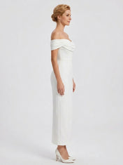 Elegant Off-the-Shoulder White Crepe Sheath Floor-Length Wedding Dress