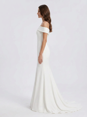 Elegant Off-the-Shoulder White Satin Trumpet Wedding Dress with Chapel Train
