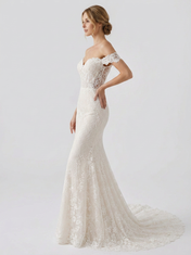 Elegant Off-the-Shoulder White Lace Trumpet Wedding Dresses with Corset and Chapel Train