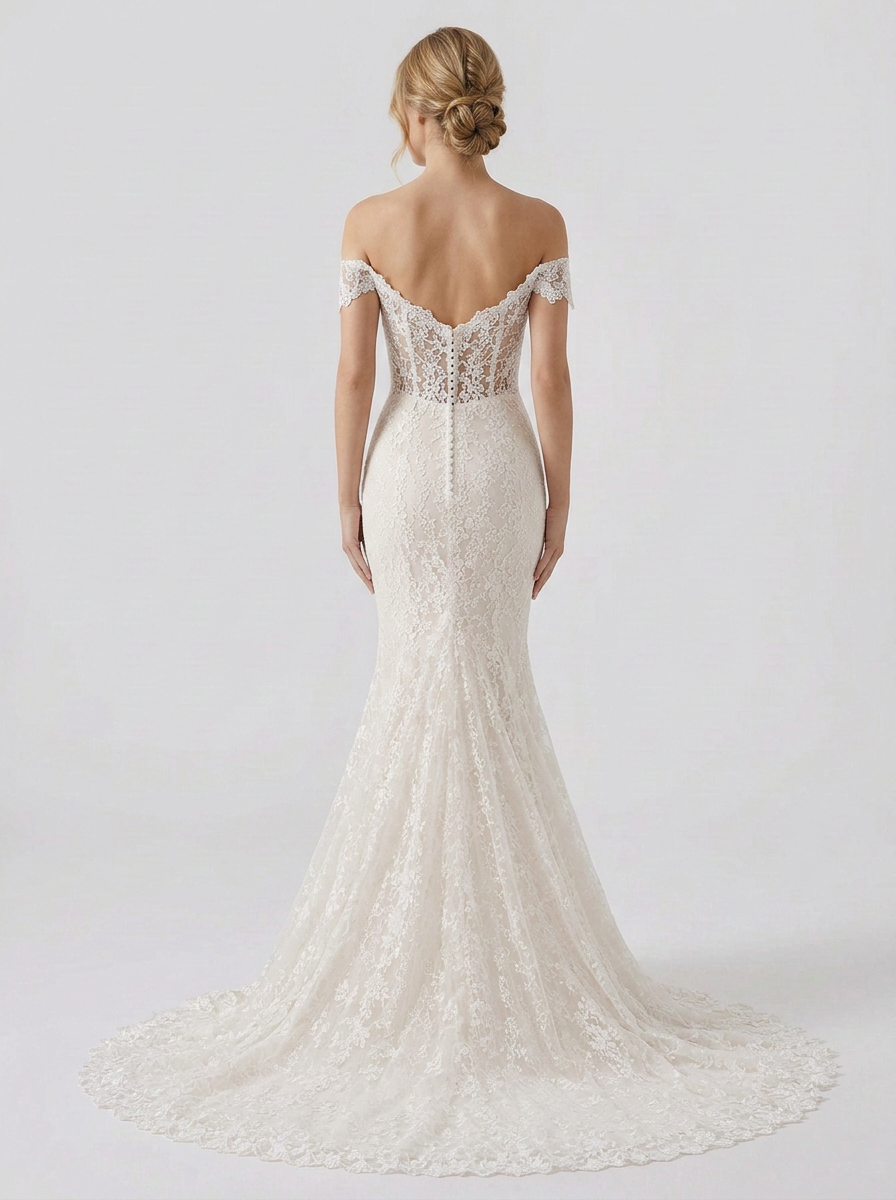 Elegant Off-the-Shoulder White Lace Trumpet Wedding Dresses with Corset and Chapel Train
