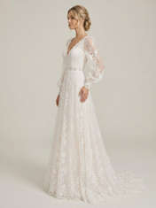 Boho V-Neck Long-Sleeve White Lace A-Line Wedding Dress with Chapel Train