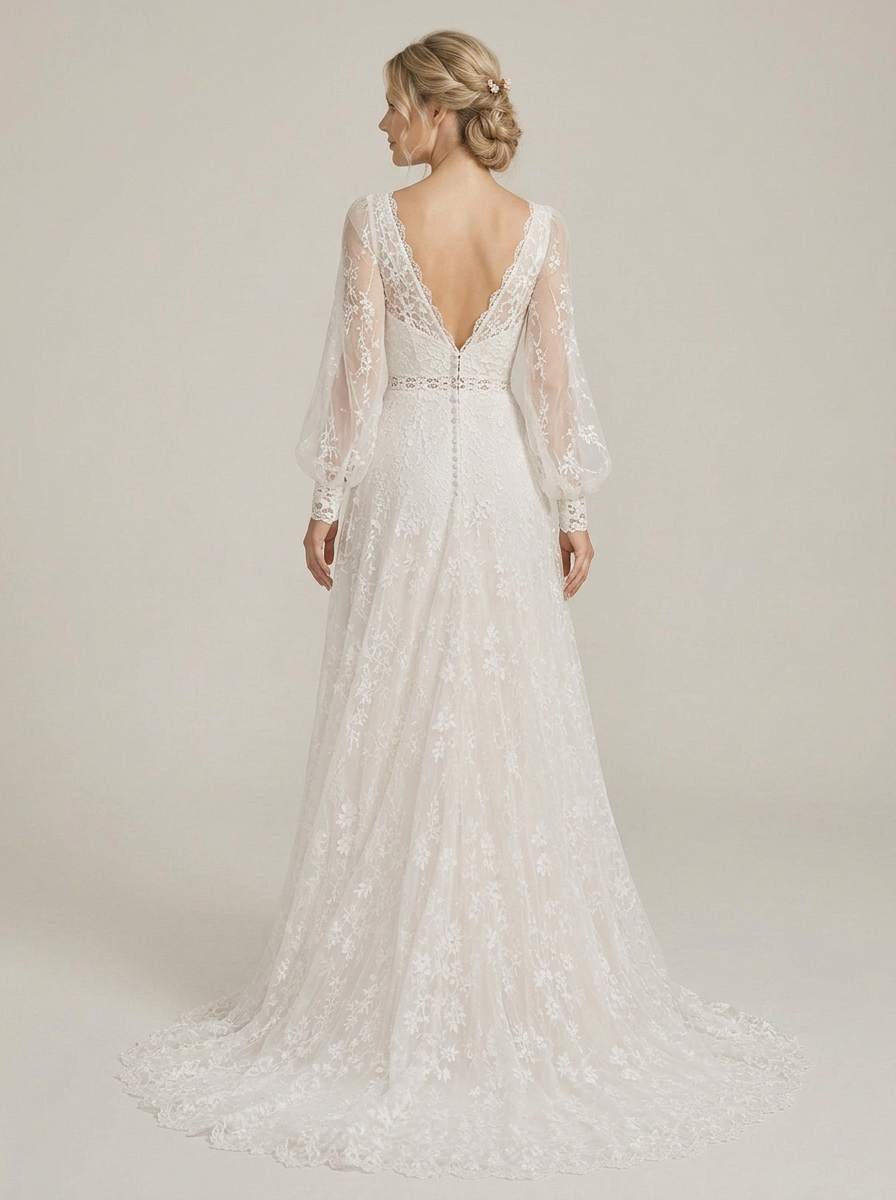 Boho V-Neck Long-Sleeve White Lace A-Line Wedding Dress with Chapel Train