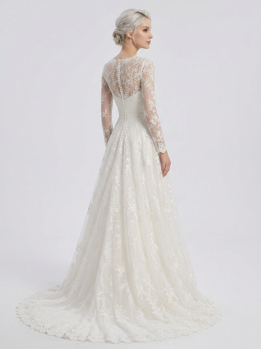 Elegant Illusion High-Neck White Lace A-Line Wedding Dress with Chapel Train