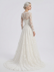 Elegant Illusion High-Neck White Lace A-Line Wedding Dress with Chapel Train