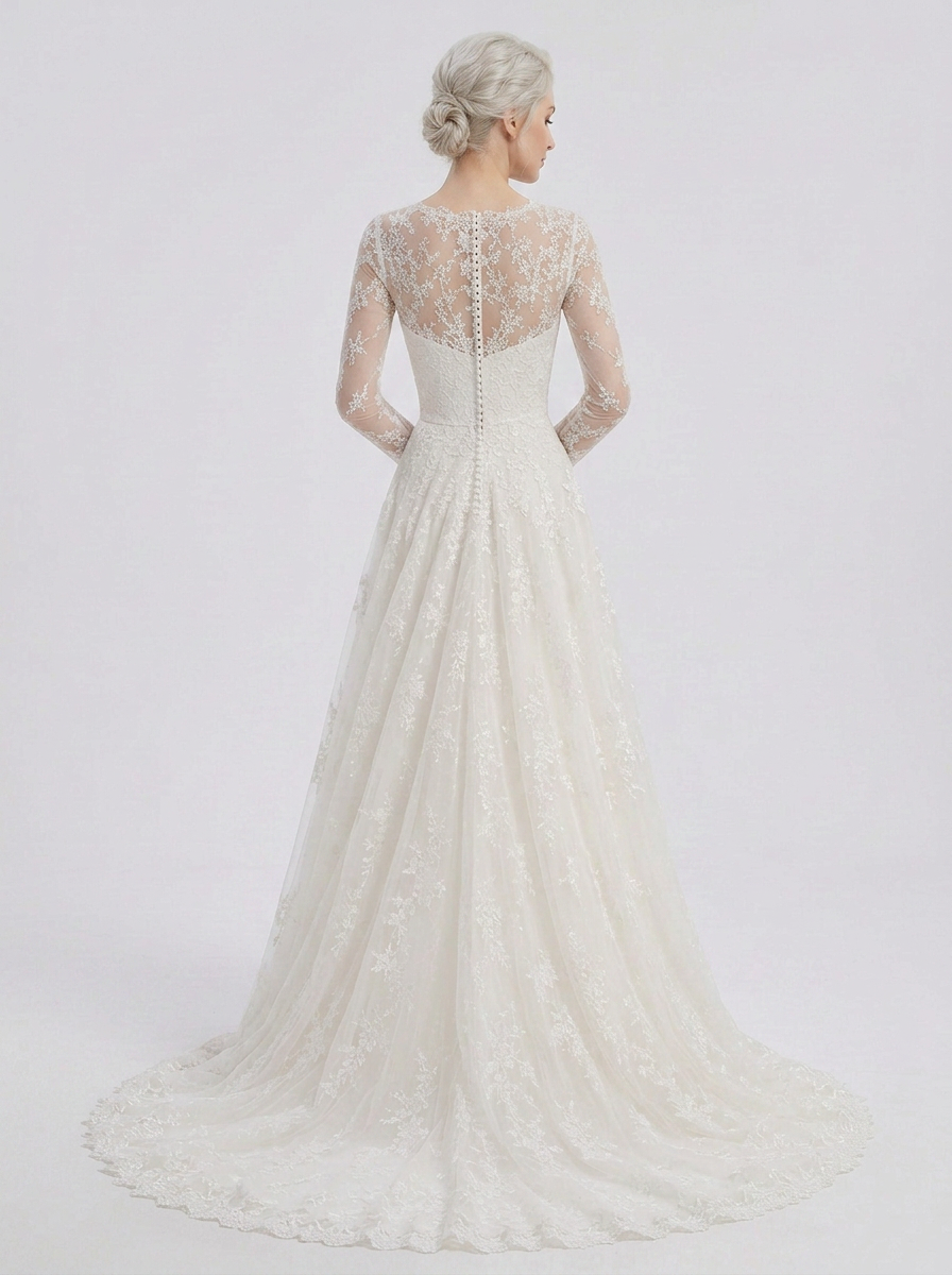 Elegant Illusion High-Neck White Lace A-Line Wedding Dress with Chapel Train