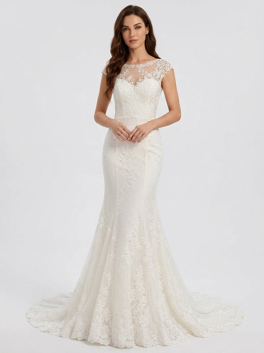 Elegant Illusion Cap-Sleeve White Lace Trumpet Wedding Dress with Chapel Train
