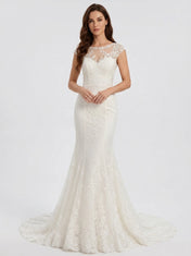 Elegant Illusion Cap-Sleeve White Lace Trumpet Wedding Dress with Chapel Train