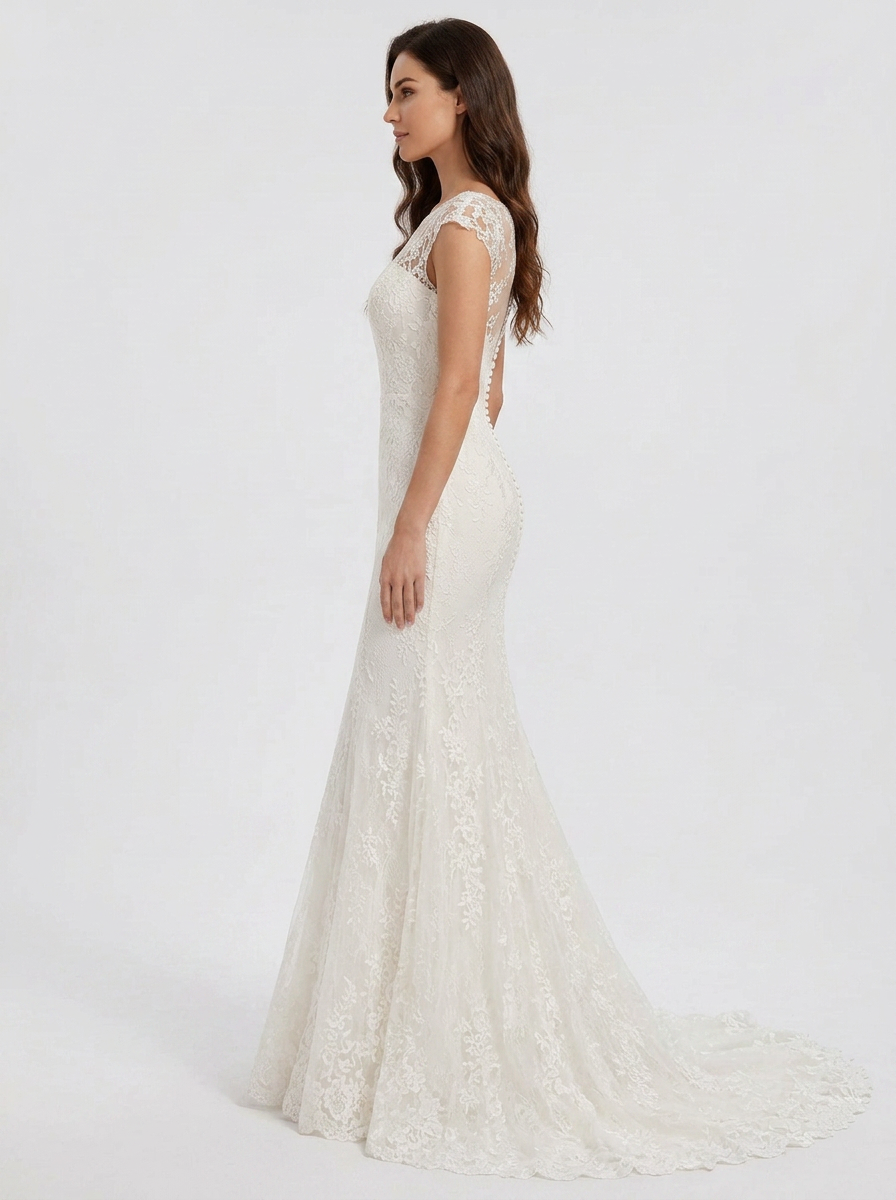 Elegant Illusion Cap-Sleeve White Lace Trumpet Wedding Dress with Chapel Train