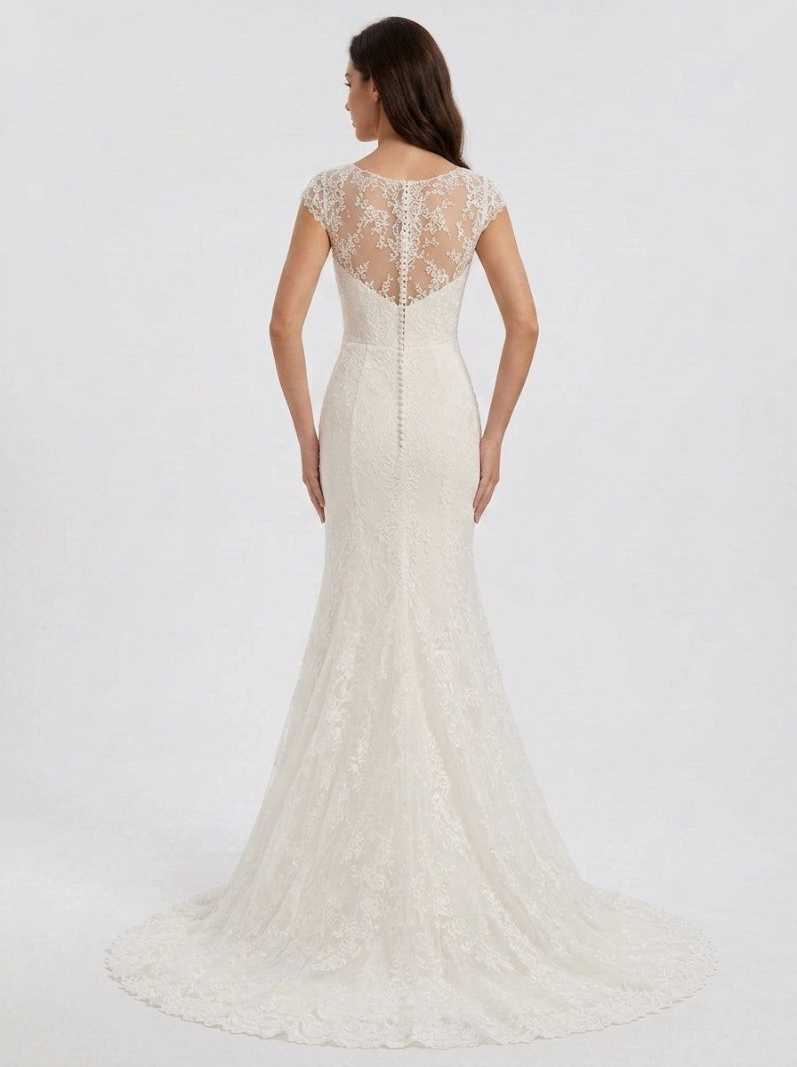 Elegant Illusion Cap-Sleeve White Lace Trumpet Wedding Dress with Chapel Train