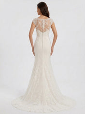 Elegant Illusion Cap-Sleeve White Lace Trumpet Wedding Dress with Chapel Train