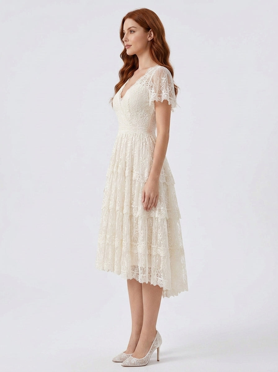 Elegant V-Neck White Lace Midi Cocktail Wedding Dress with Tiered Skirt