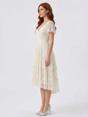 Elegant V-Neck White Lace Midi Cocktail Wedding Dress with Tiered Skirt