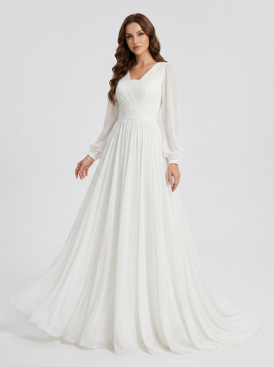 Elegant Long-Sleeve White Chiffon A-Line Wedding Dress with Chapel Train
