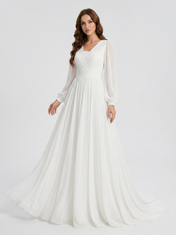 Elegant Long-Sleeve White Chiffon A-Line Wedding Dress with Chapel Train