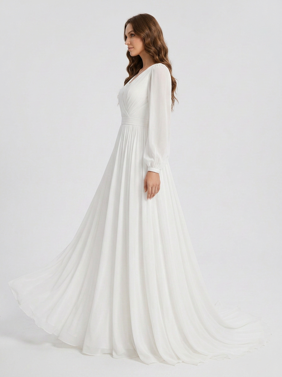Elegant Long-Sleeve White Chiffon A-Line Wedding Dress with Chapel Train