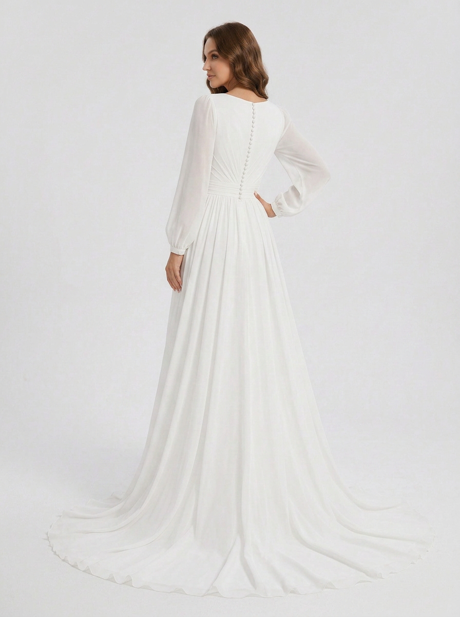 Elegant Long-Sleeve White Chiffon A-Line Wedding Dress with Chapel Train