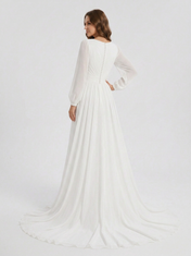 Elegant Long-Sleeve White Chiffon A-Line Wedding Dress with Chapel Train