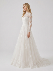 Elegant Illusion High-Neck Long-Sleeve White Lace A-Line Wedding Dress with Chapel Train