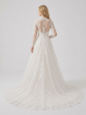 Elegant Illusion High-Neck Long-Sleeve White Lace A-Line Wedding Dress with Chapel Train